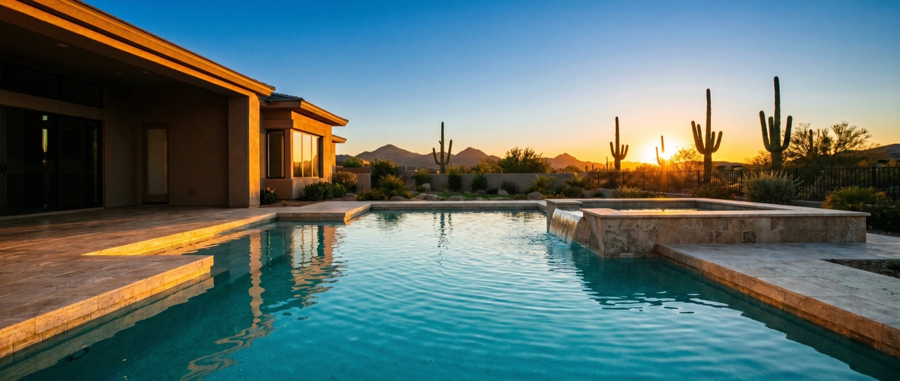 Desert villa pool at golden hour